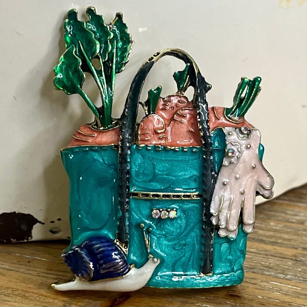 Whimsical Vintage-Style Enamel Gardening Tote Brooch